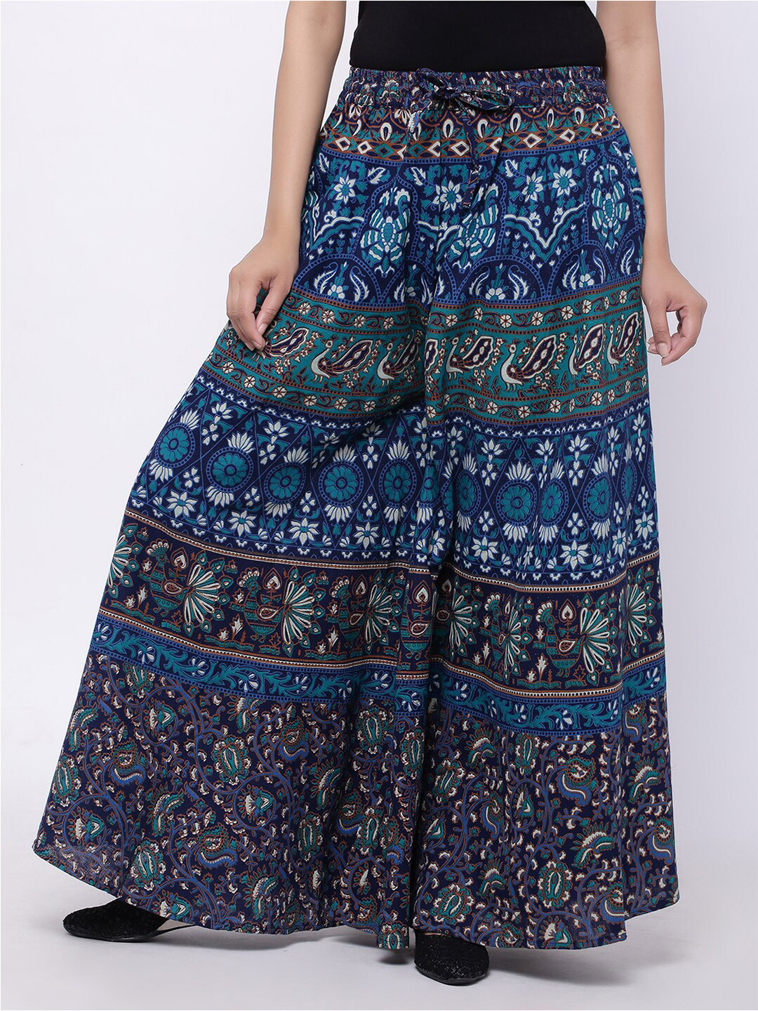 

SOUNDARYA Women Floral Printed Flared Knitted Cotton Palazzos, Blue