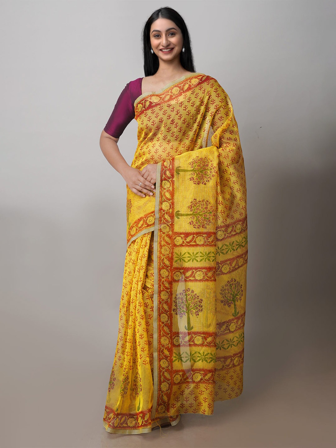 

Unnati Silks Floral Block Printed Supernet Saree, Yellow