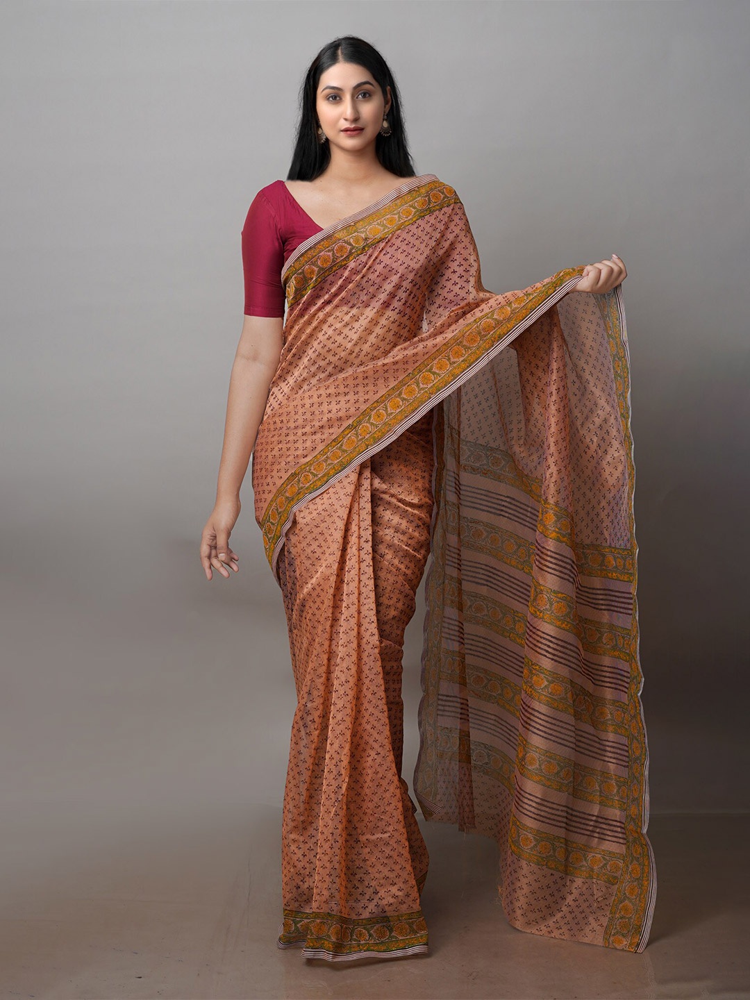 

Unnati Silks Ethnic Block Printed Supernet Saree, Peach