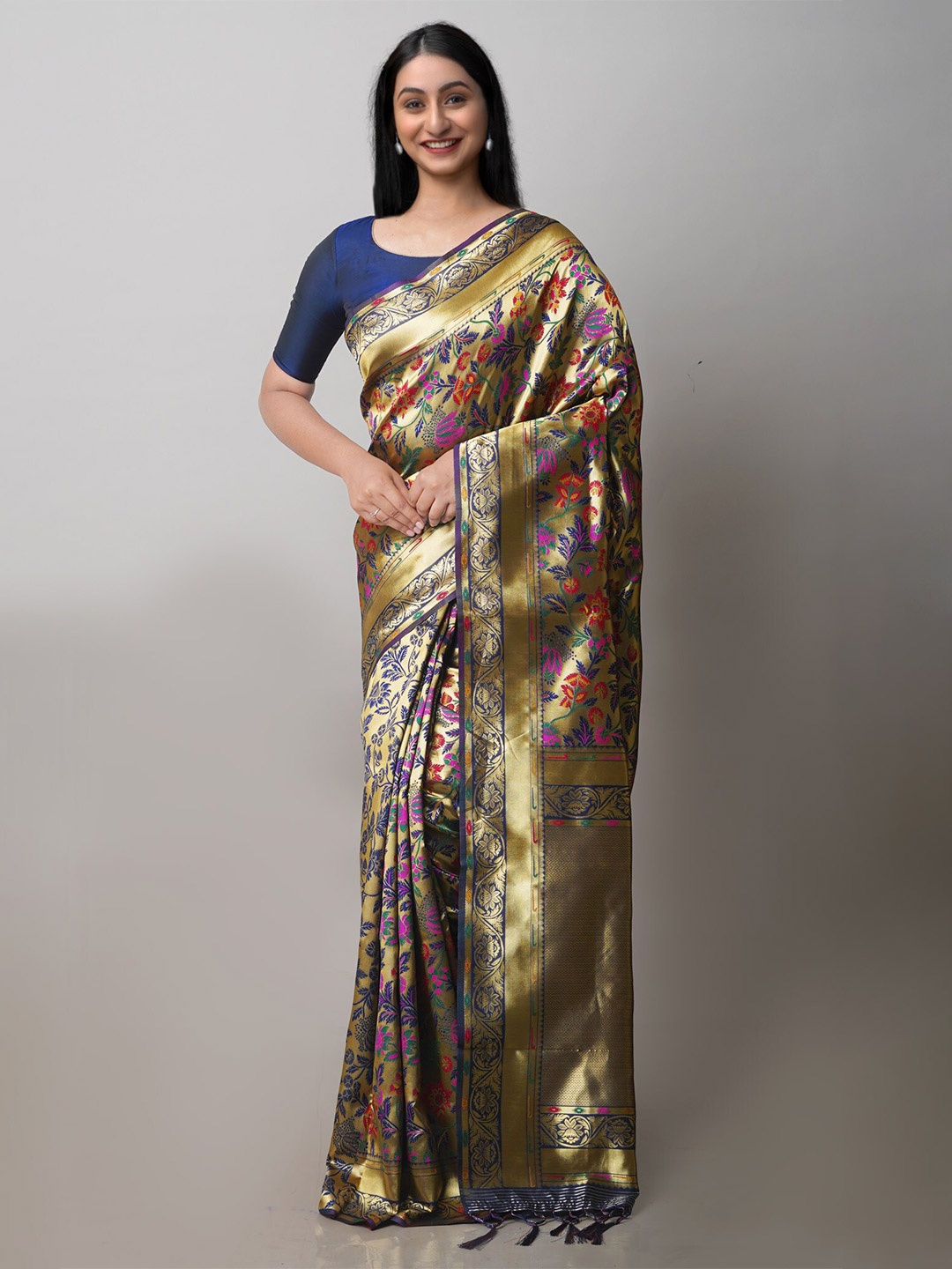 

Unnati Silks Ethnic Motif Silk Blend Banarasi Zari Saree With Blouse Piece, Gold