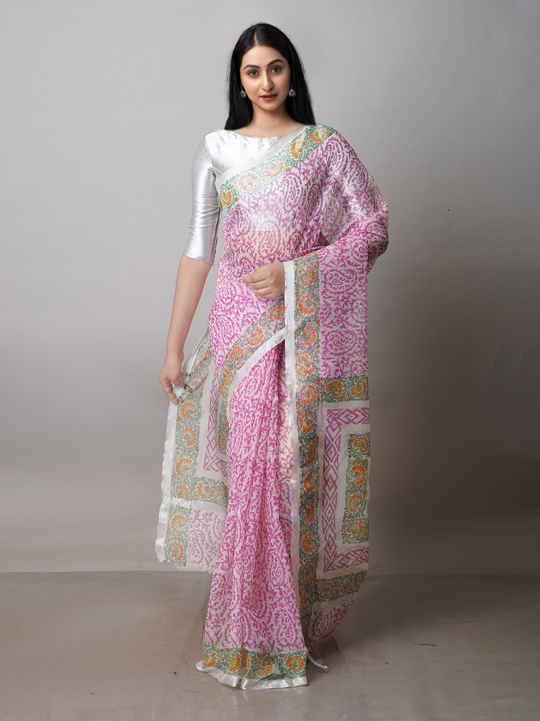 

Unnati Silks Paisley Printed Zari Pure Cotton Handloom Kota Saree, Pink