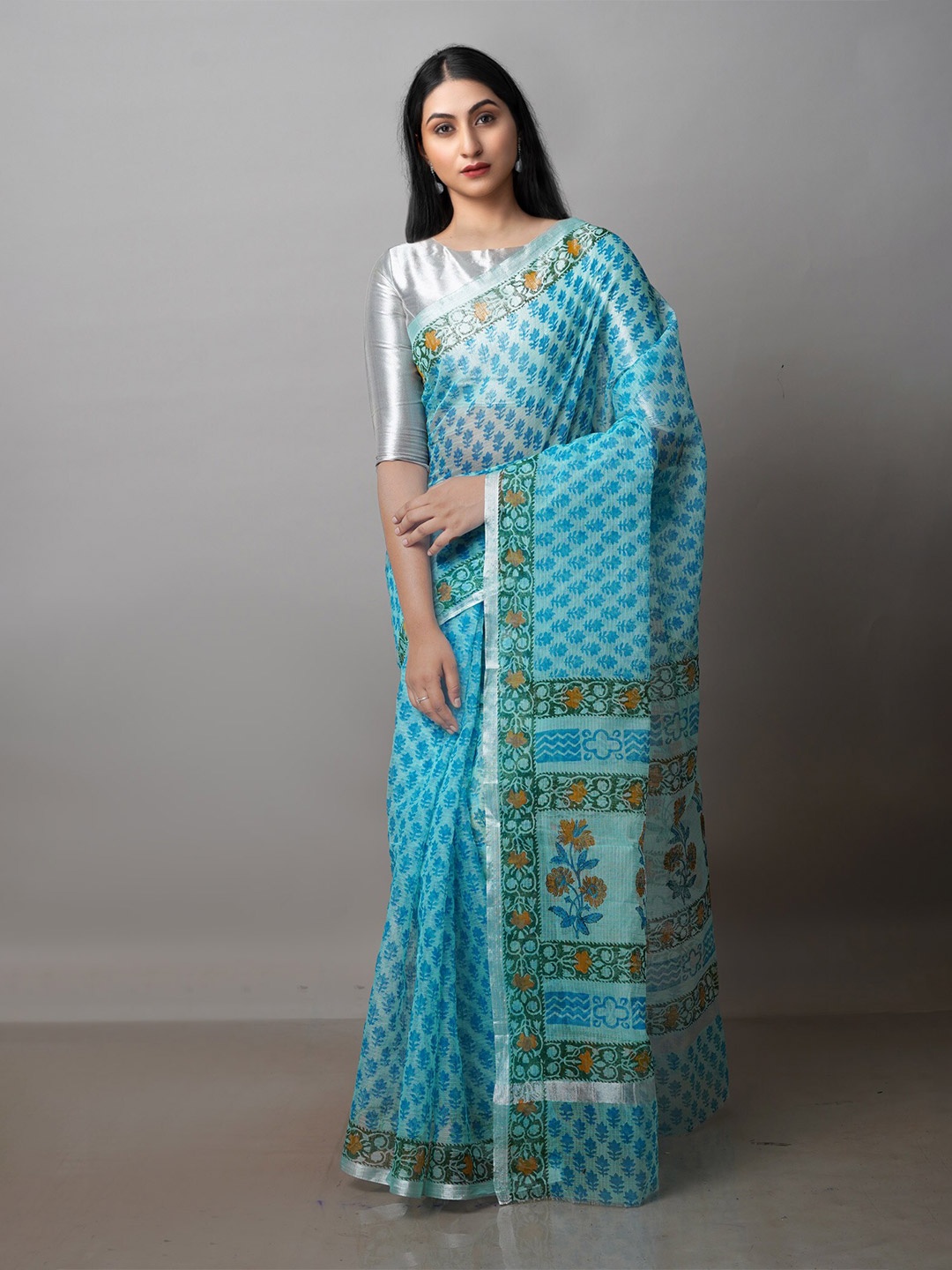 

Unnati Silks Floral Printed Zari Pure Cotton Handloom Kota Saree, Blue