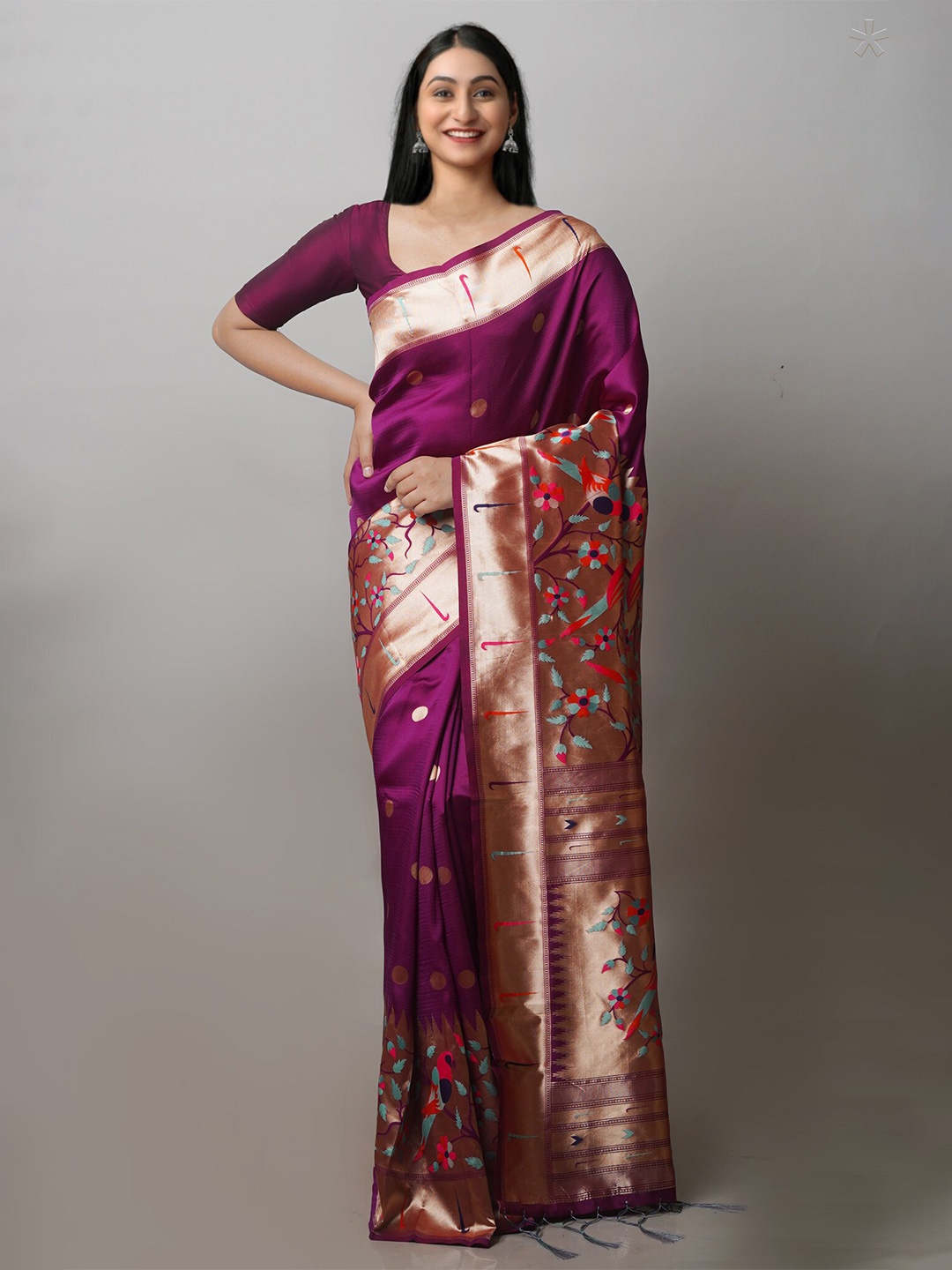 

Unnati Silks Ethnic Motif Silk Blend Paithani Zari Saree With Blouse Piece, Purple