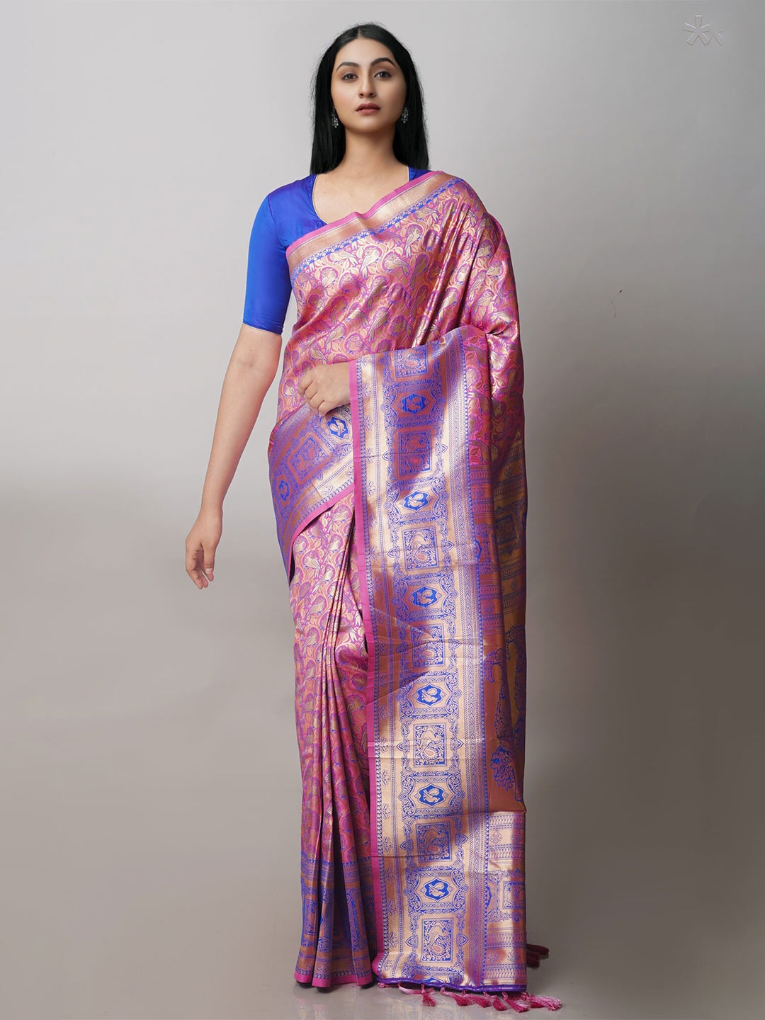 

Unnati Silks Ethnic Motif Silk Blend Kanjeevaram Zari Saree With Blouse Piece, Pink