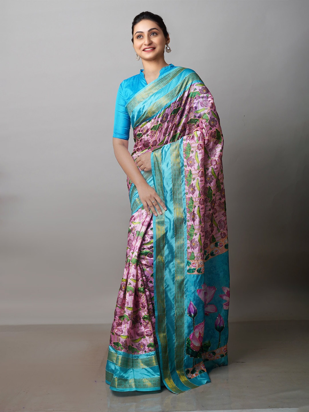 

Unnati Silks Kalamkari Printed Zari Kanjeevaram Saree, Pink