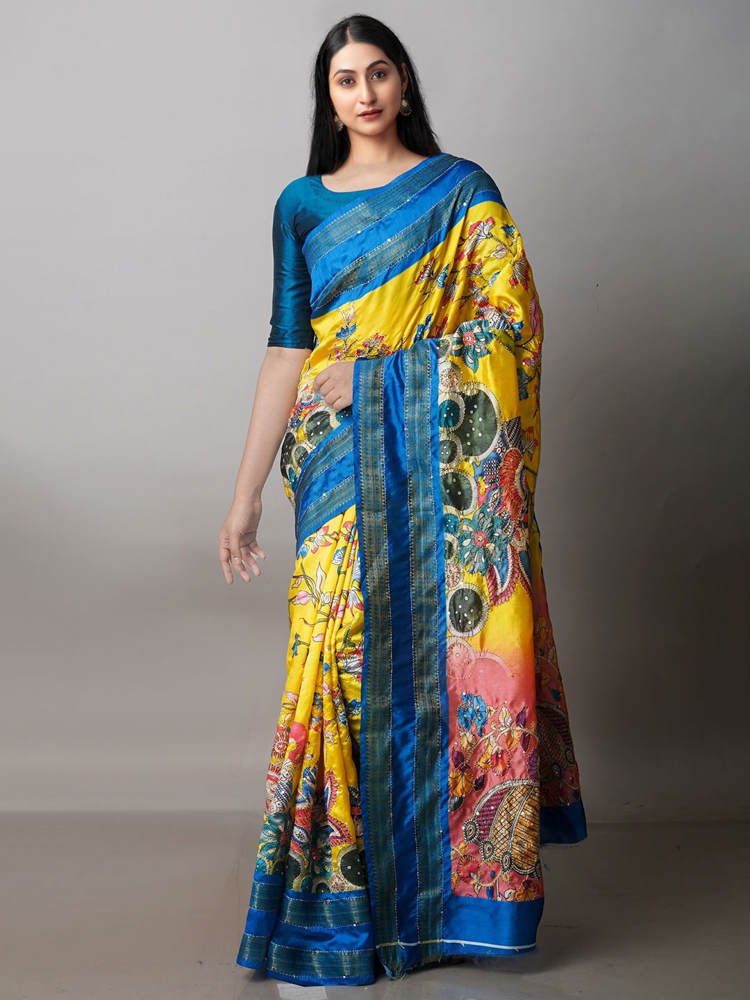 

Unnati Silks Floral Silk Blend Kanjeevaram Zari Saree With Blouse Piece, Yellow