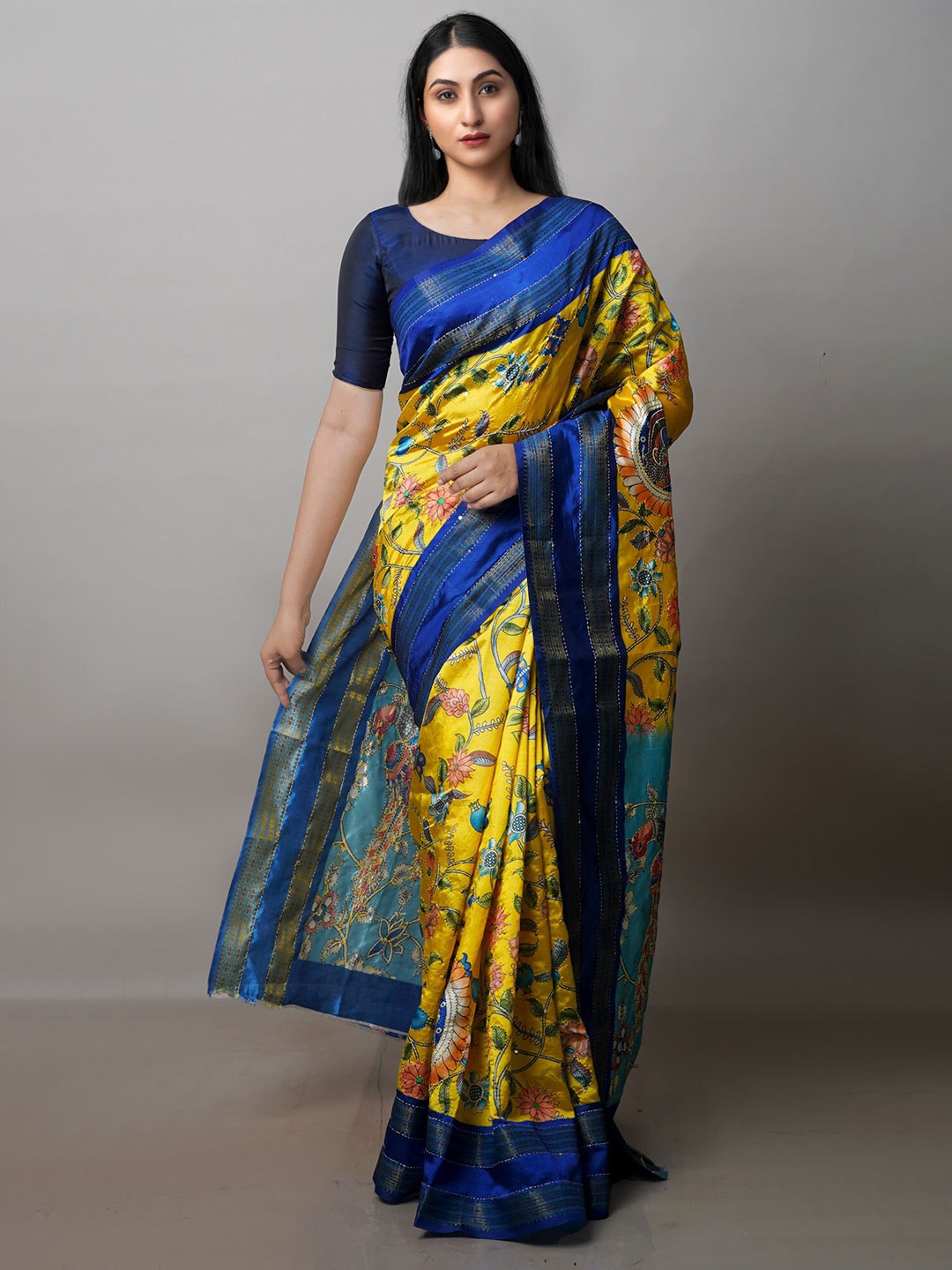 

Unnati Silks Kalamkari Printed Zari Kanjeevaram Saree, Yellow