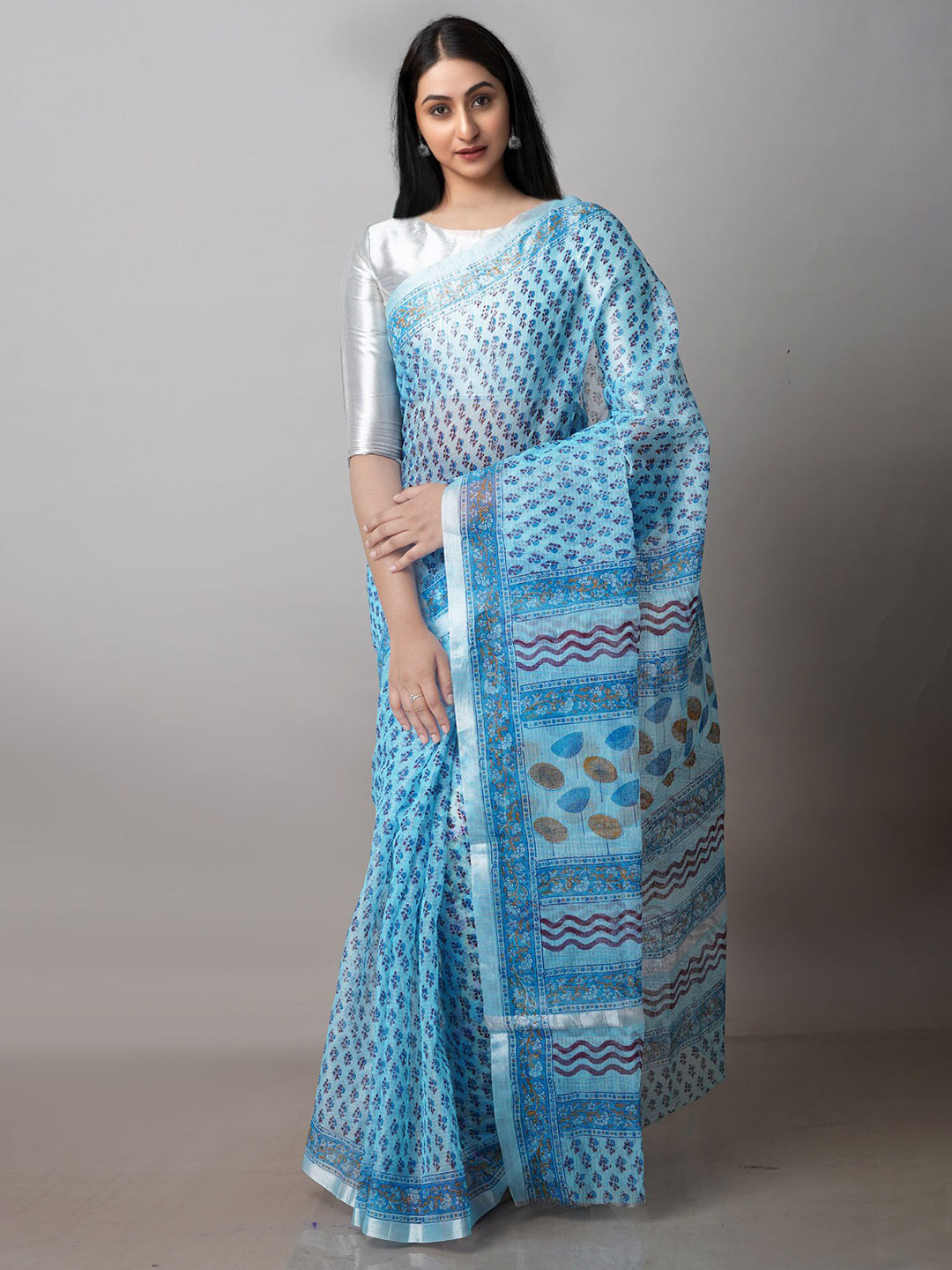 

Unnati Silks Floral Printed Zari Pure Cotton Handloom Kota Saree, Blue