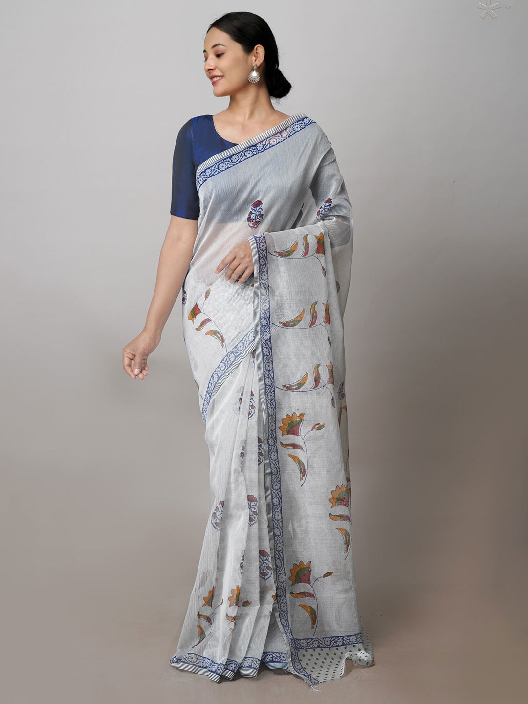 

Unnati Silks Floral Block Printed Supernet Saree, Off white