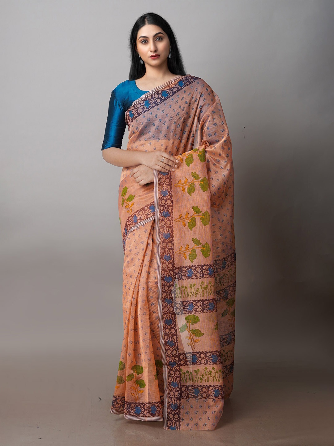 

Unnati Silks Ethnic Block Printed Supernet Saree, Peach