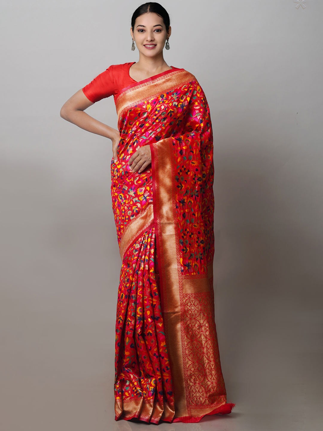 

Unnati Silks Floral Woven Design Zari Banarasi Saree, Red