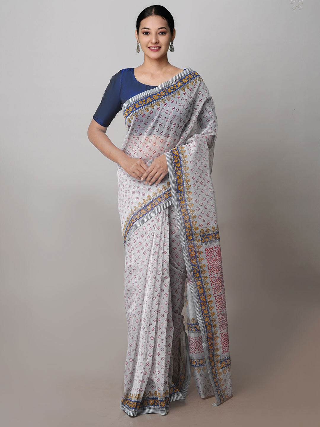 

Unnati Silks Ethnic Block Printed Supernet Saree, Beige
