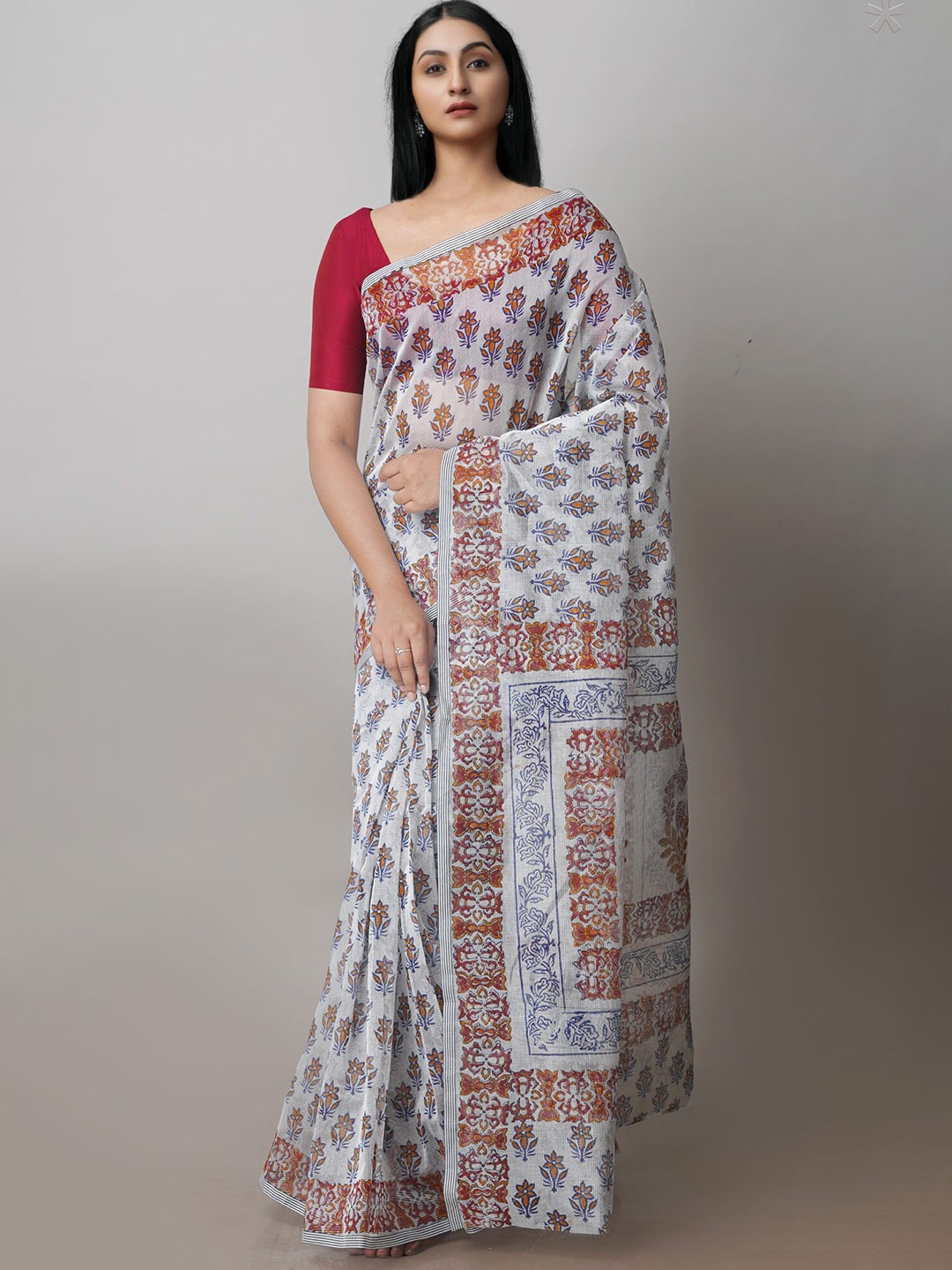 

Unnati Silks Floral Block Printed Supernet Saree, Beige
