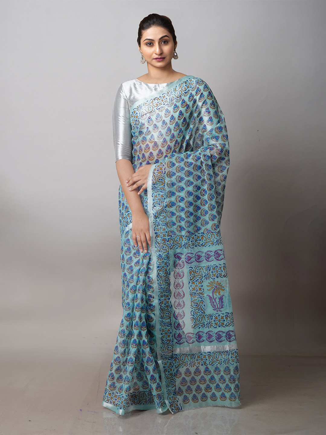

Unnati Silks Ethnic Motif Pure Cotton Kota Saree With Blouse Piece, Blue