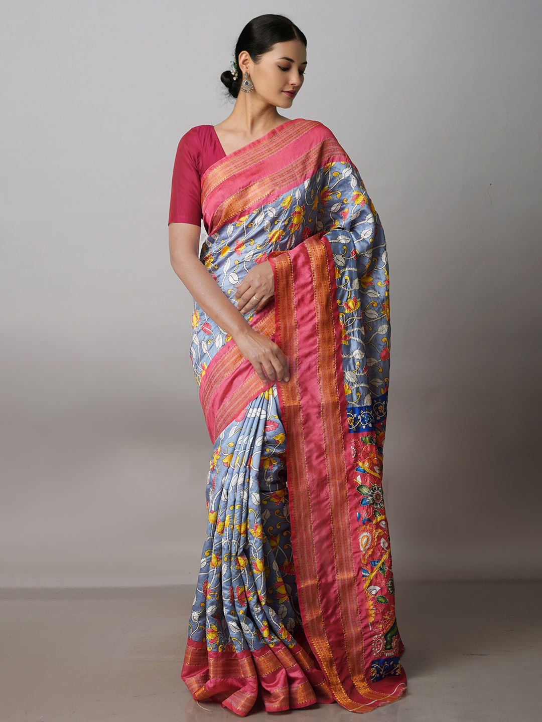 

Unnati Silks Kalamkari Printed Zari Kanjeevaram Saree, Grey