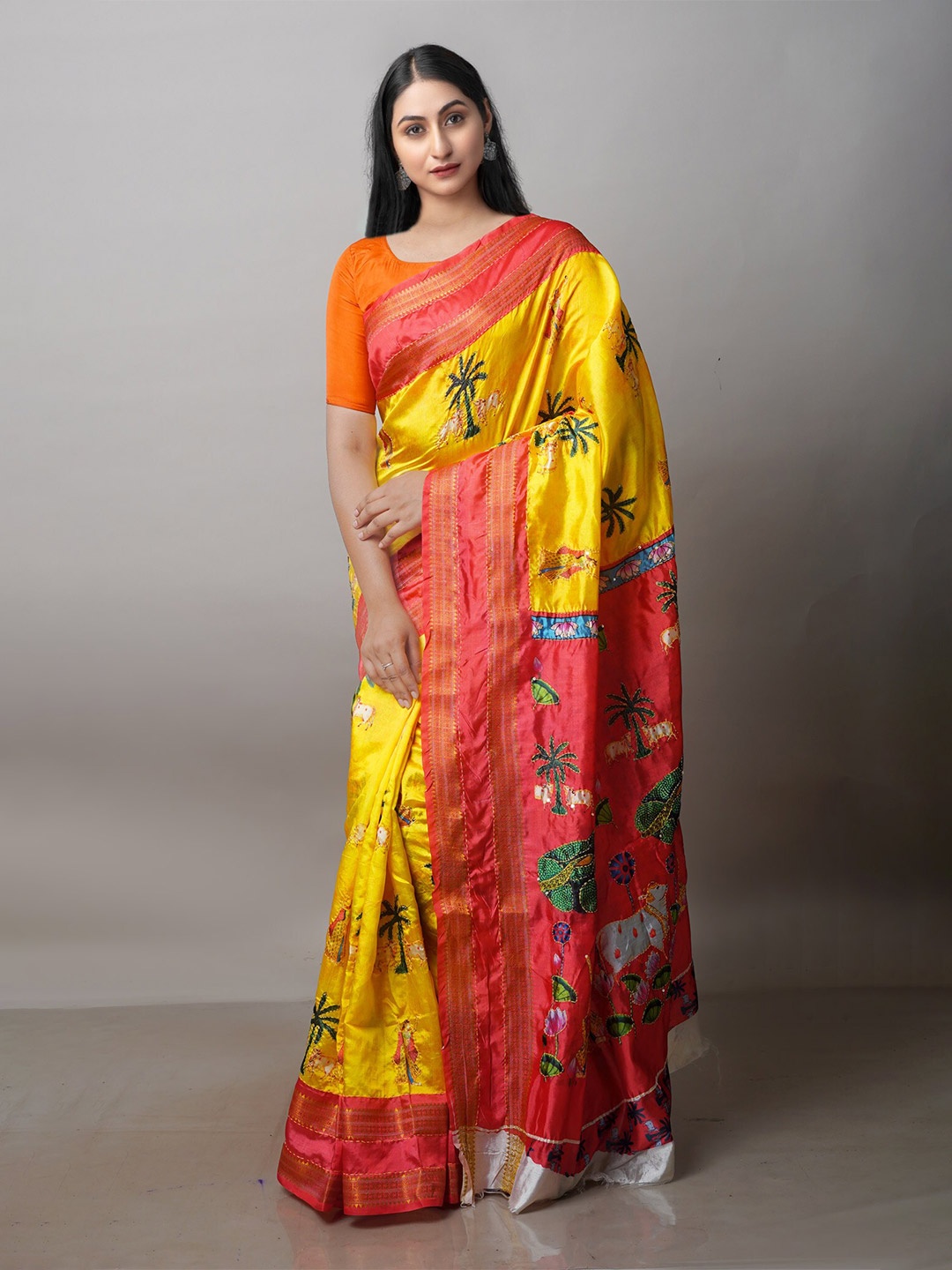 

Unnati Silks Kalamkari Printed Zari Kanjeevaram Saree, Yellow