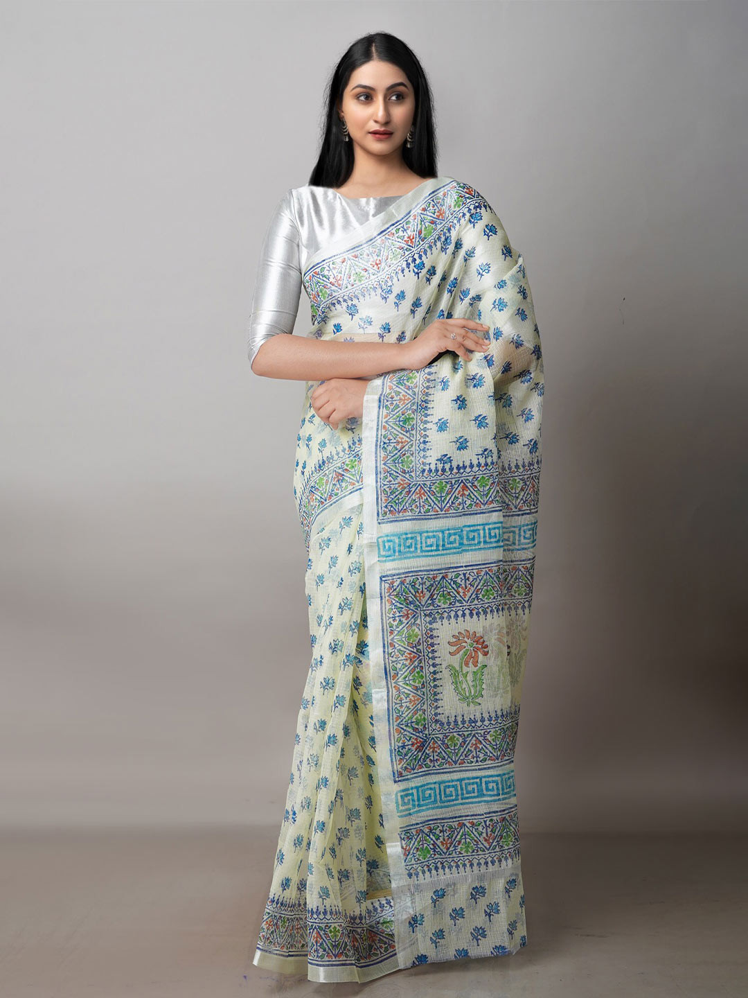 

Unnati Silks Floral Pure Cotton Kota Saree With Blouse Piece, Cream