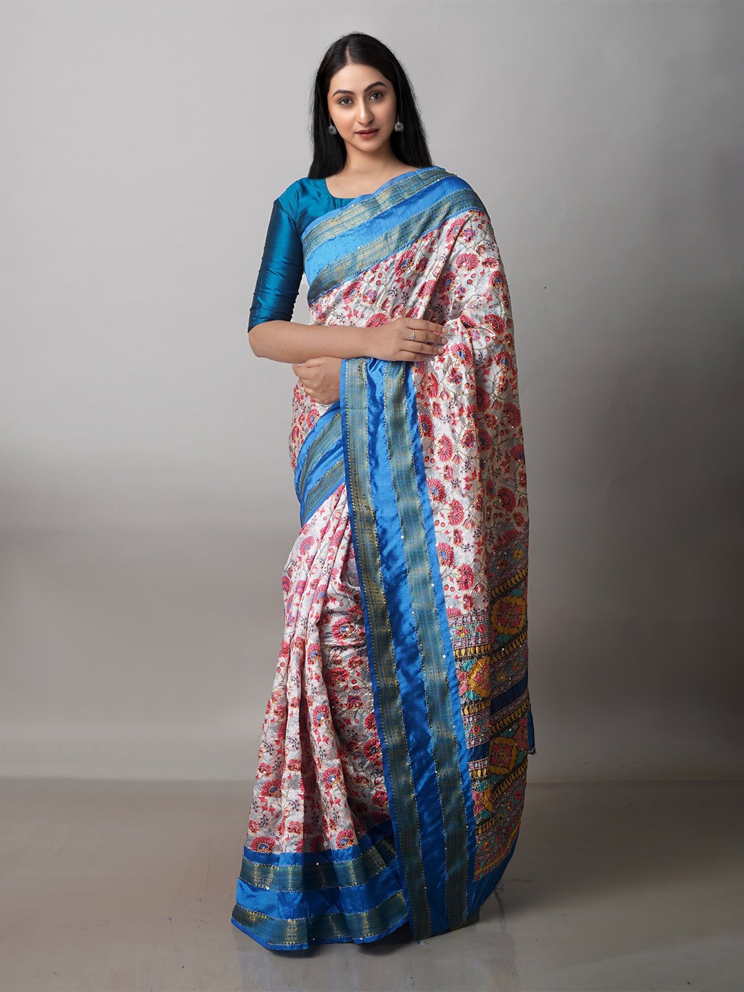

Unnati Silks Kalamkari Printed Zari Kanjeevaram Saree, Cream