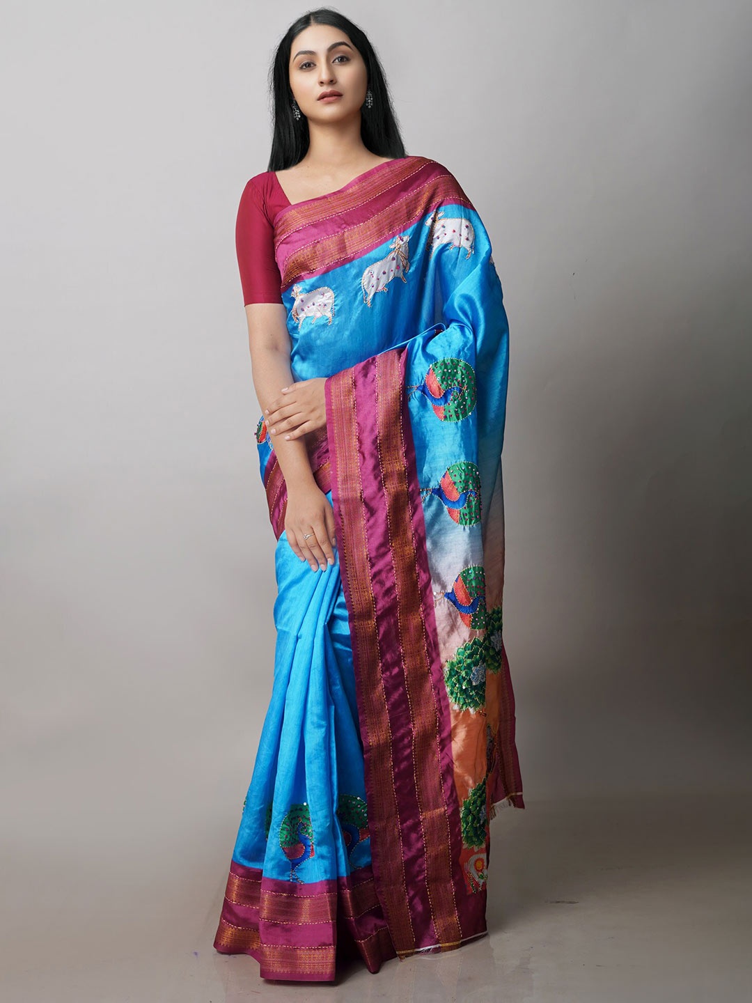 

Unnati Silks Kalamkari Printed Kanjeevaram Saree, Blue