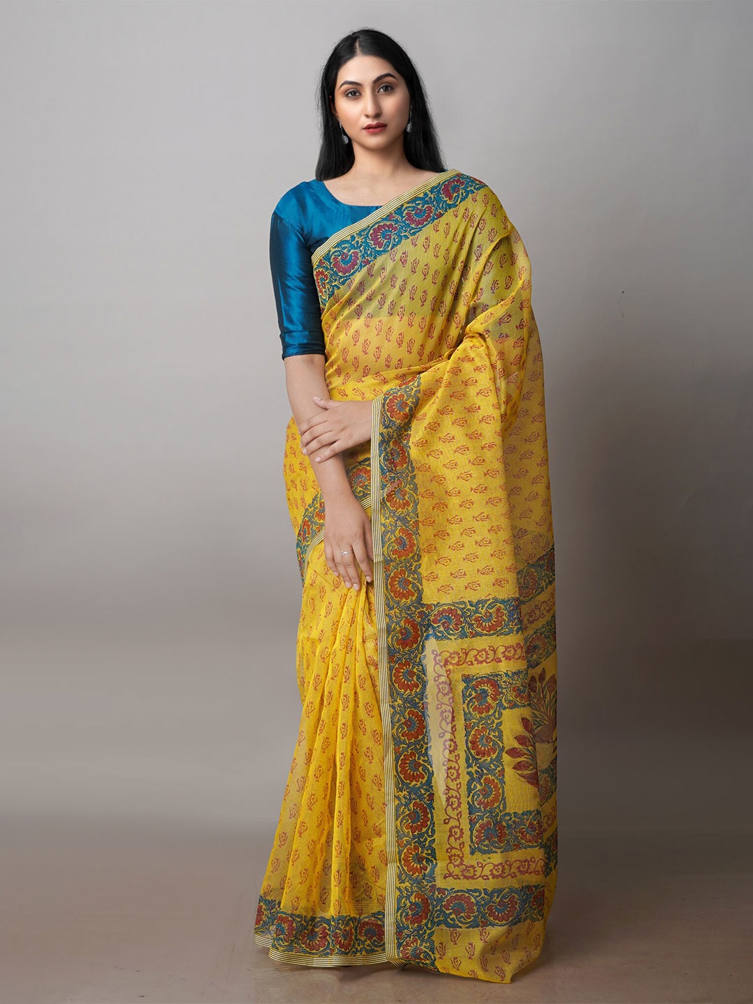 

Unnati Silks Ethnic Block Printed Supernet Saree, Yellow