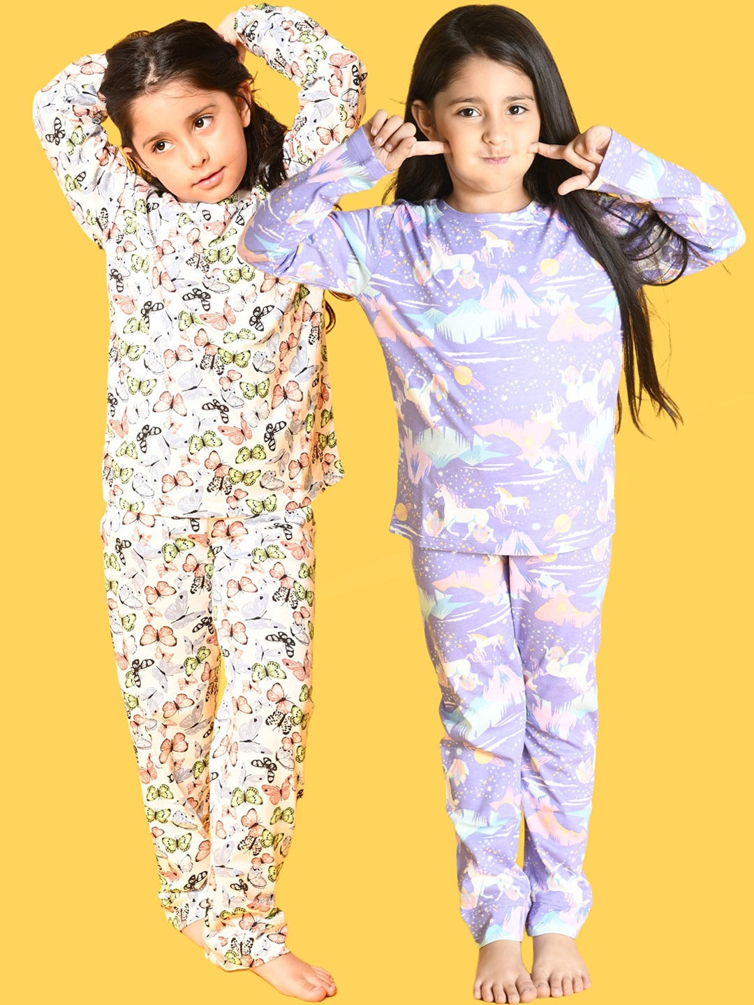 

Anthrilo Girls Pack Of 2 Conversational Printed Pure Cotton Night Suit, Purple