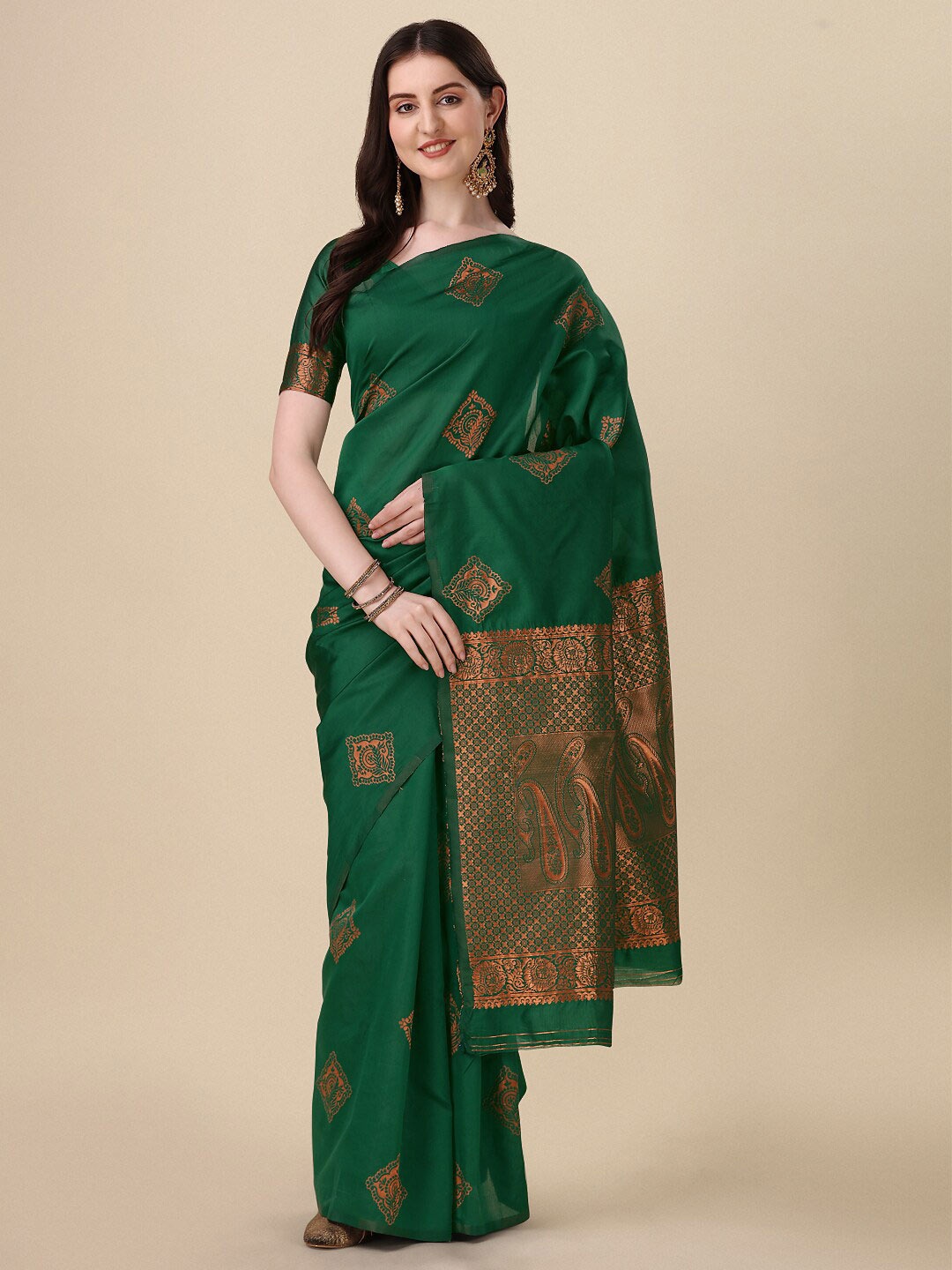 

KALINI Ethnic Motifs Woven Design Zari Banarasi Saree, Green