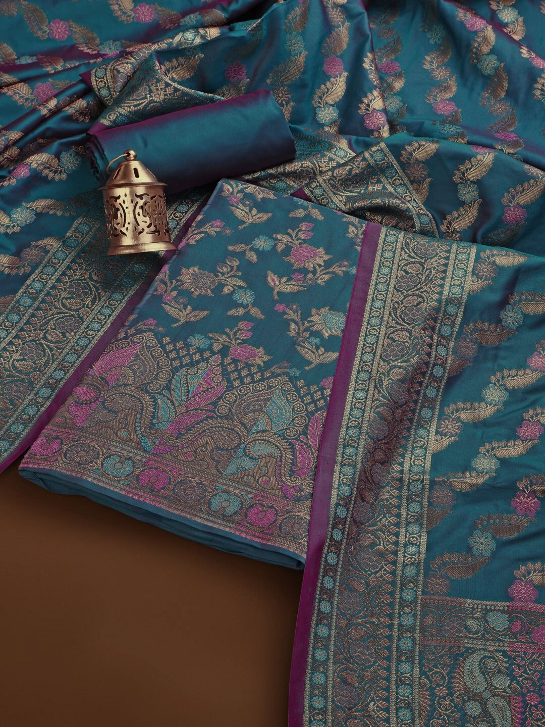 

Inddus Teal Blue & Pink Banarasi Silk Unstitched Dress Material