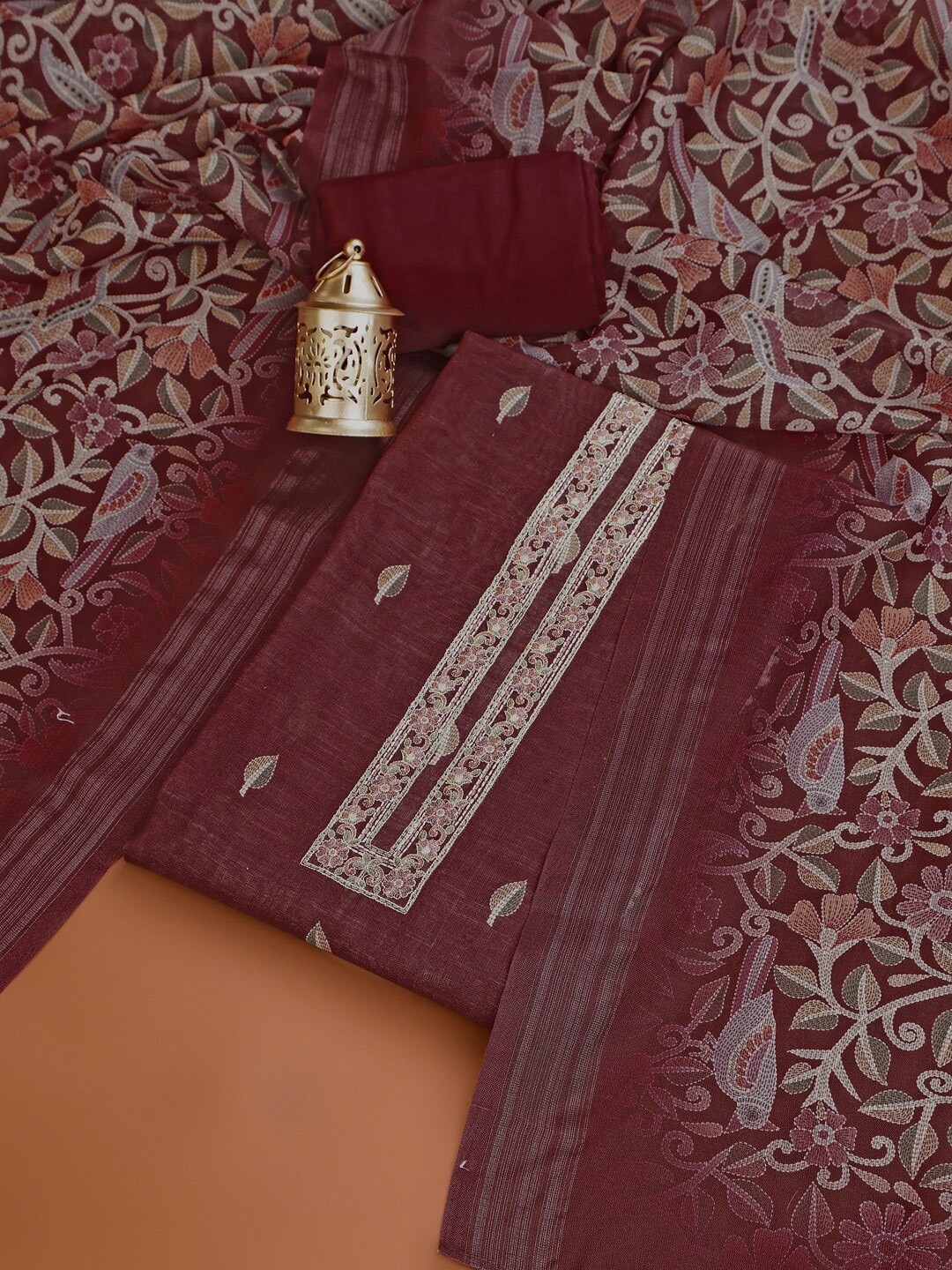 

Inddus Embroidered Linen Unstitched Dress Material, Maroon