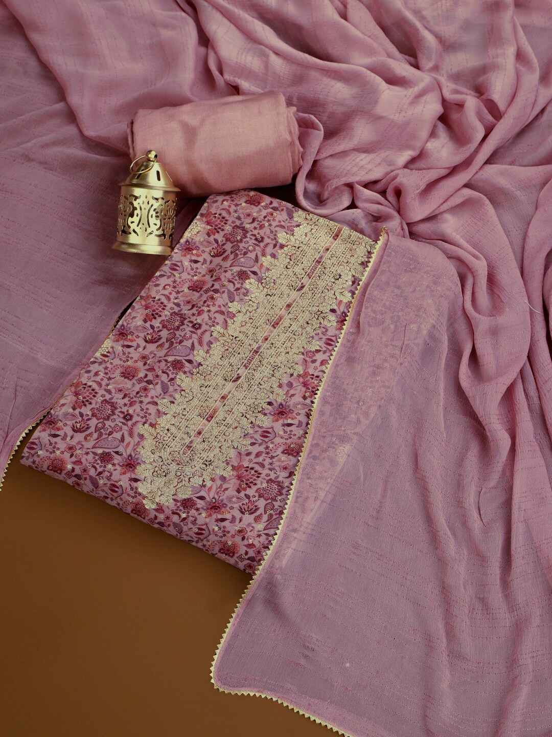 

Inddus Pink & Gold-Toned Digital Printed Organza Unstitched Dress Material