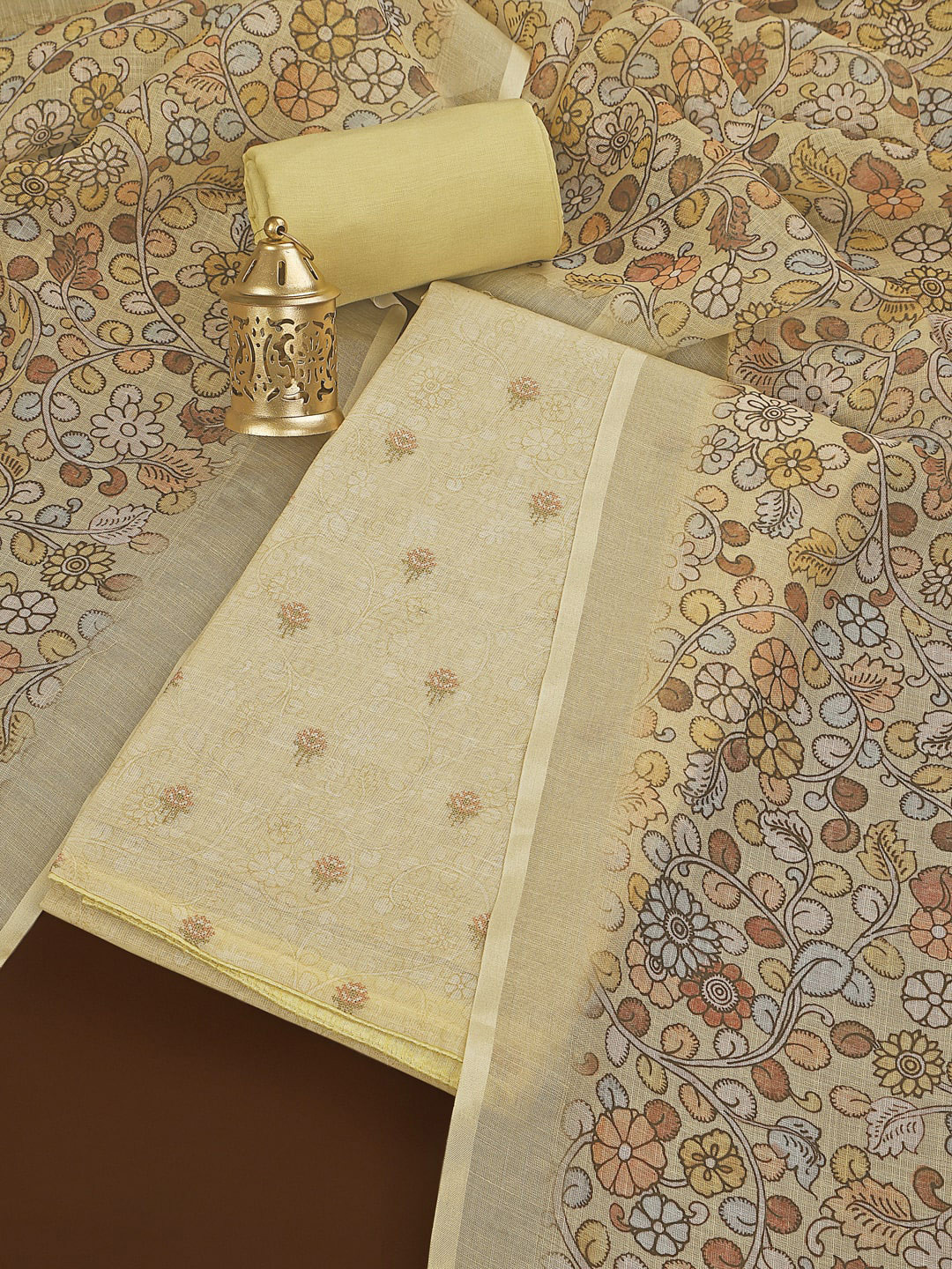 

Inddus Printed Embroidered Linen Unstitched Dress Material, Yellow