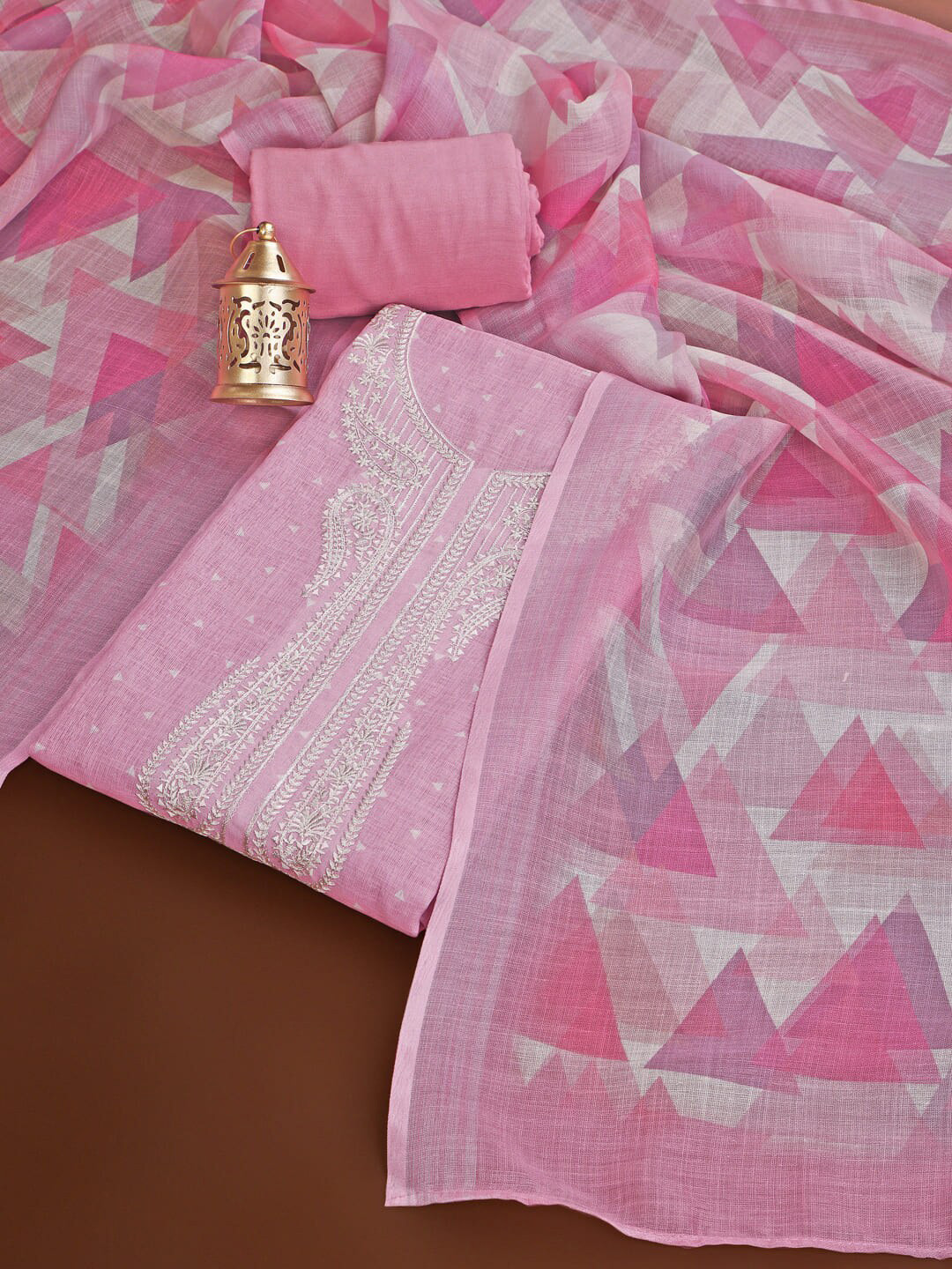 

Inddus Printed Embroidered Linen Unstitched Dress Material, Pink