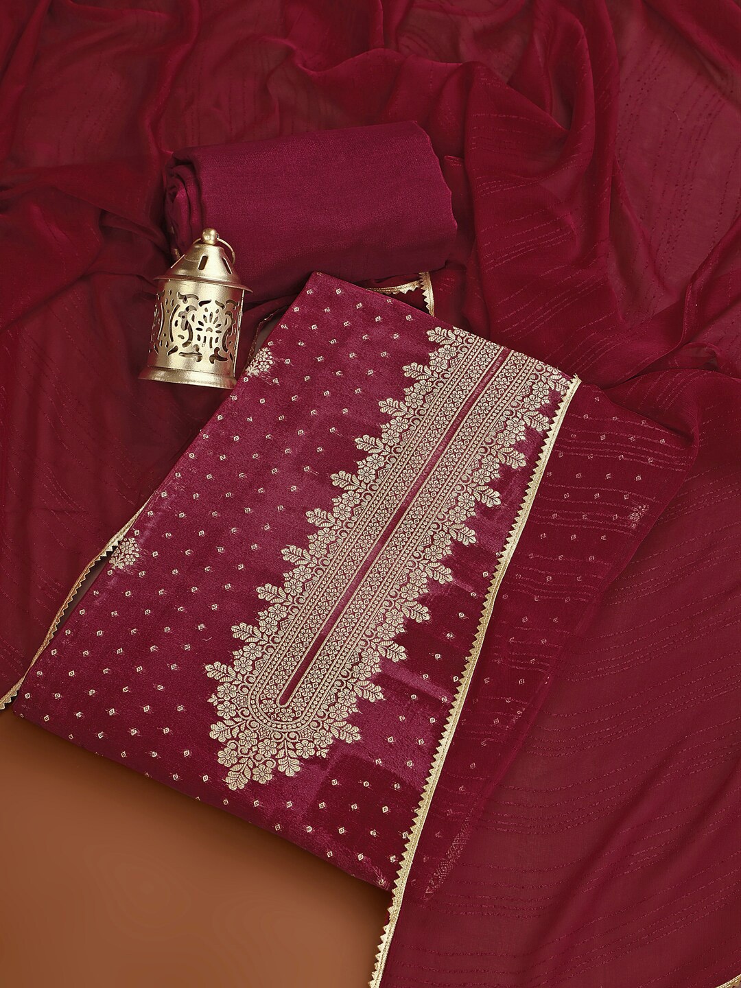 

Inddus Woven Design Zari Organza Unstitched Dress Material, Maroon