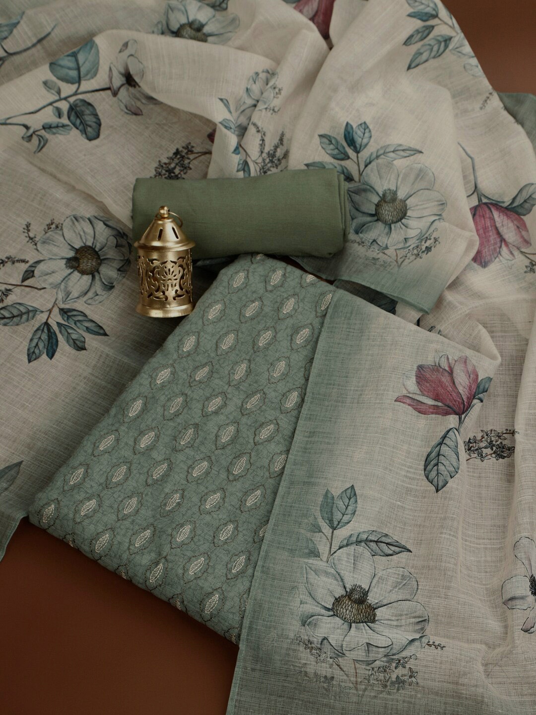 

Inddus Printed Embroidered Linen Unstitched Dress Material, Olive