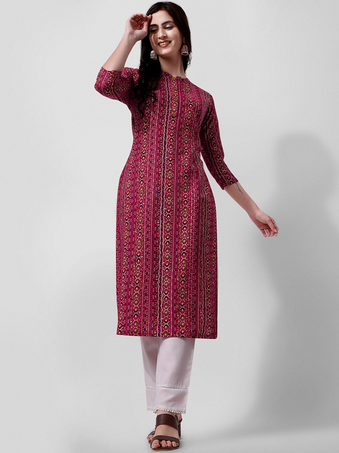 

Berrylicious Ethnic Motifs Printed Mandarin Collar Indie Prints Kurta, Pink