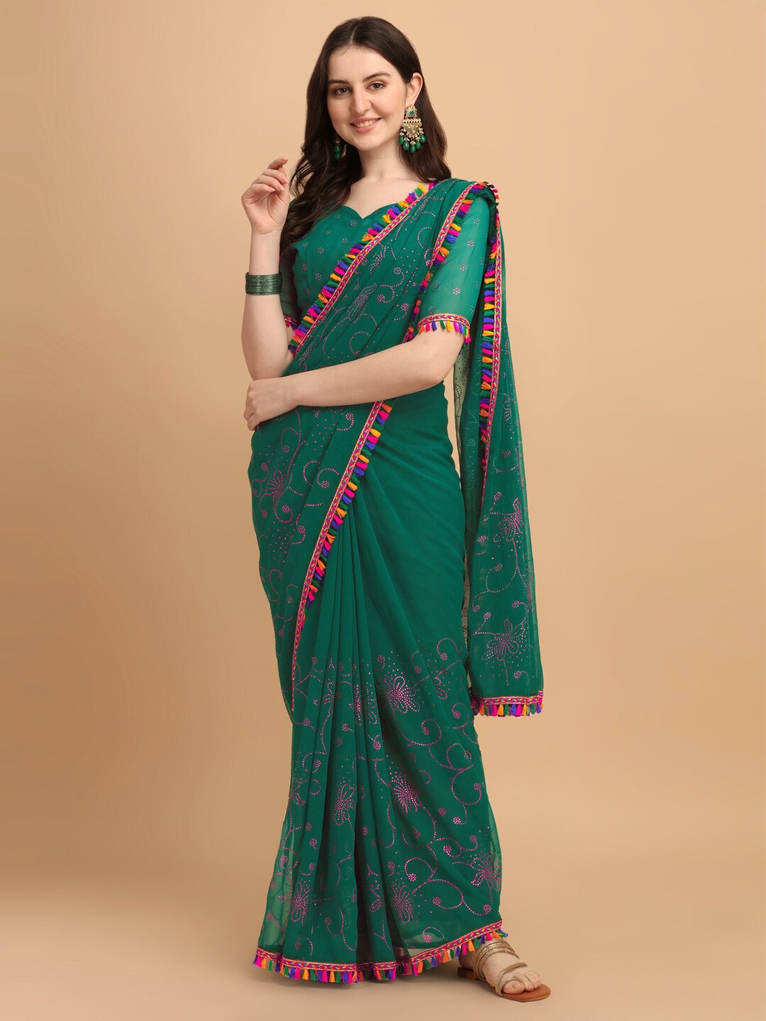 

Fab Viva Embellished Pure Georgette Saree, Olive
