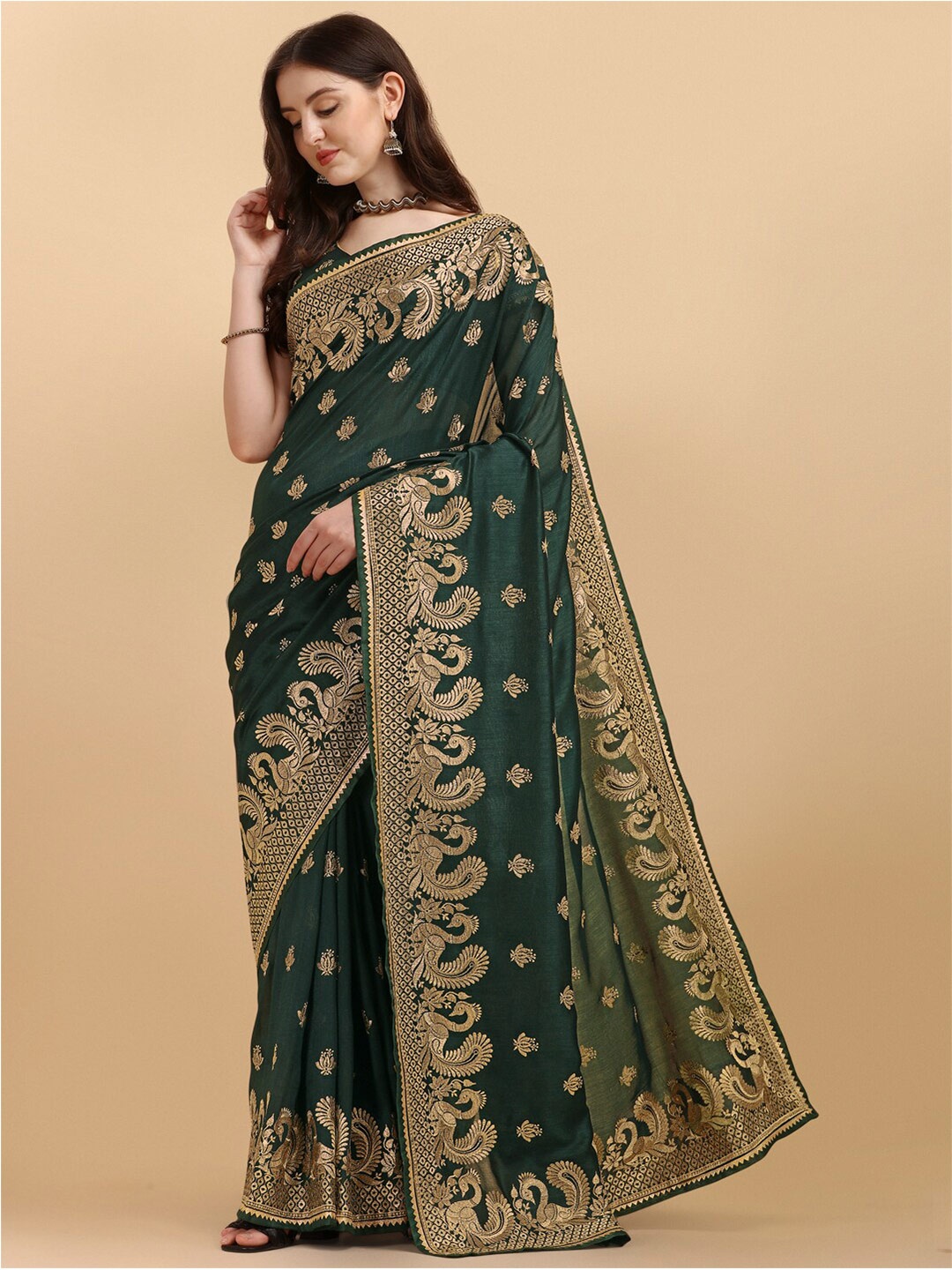 

Fab Viva Ethnic Motifs Embroidered Saree, Green