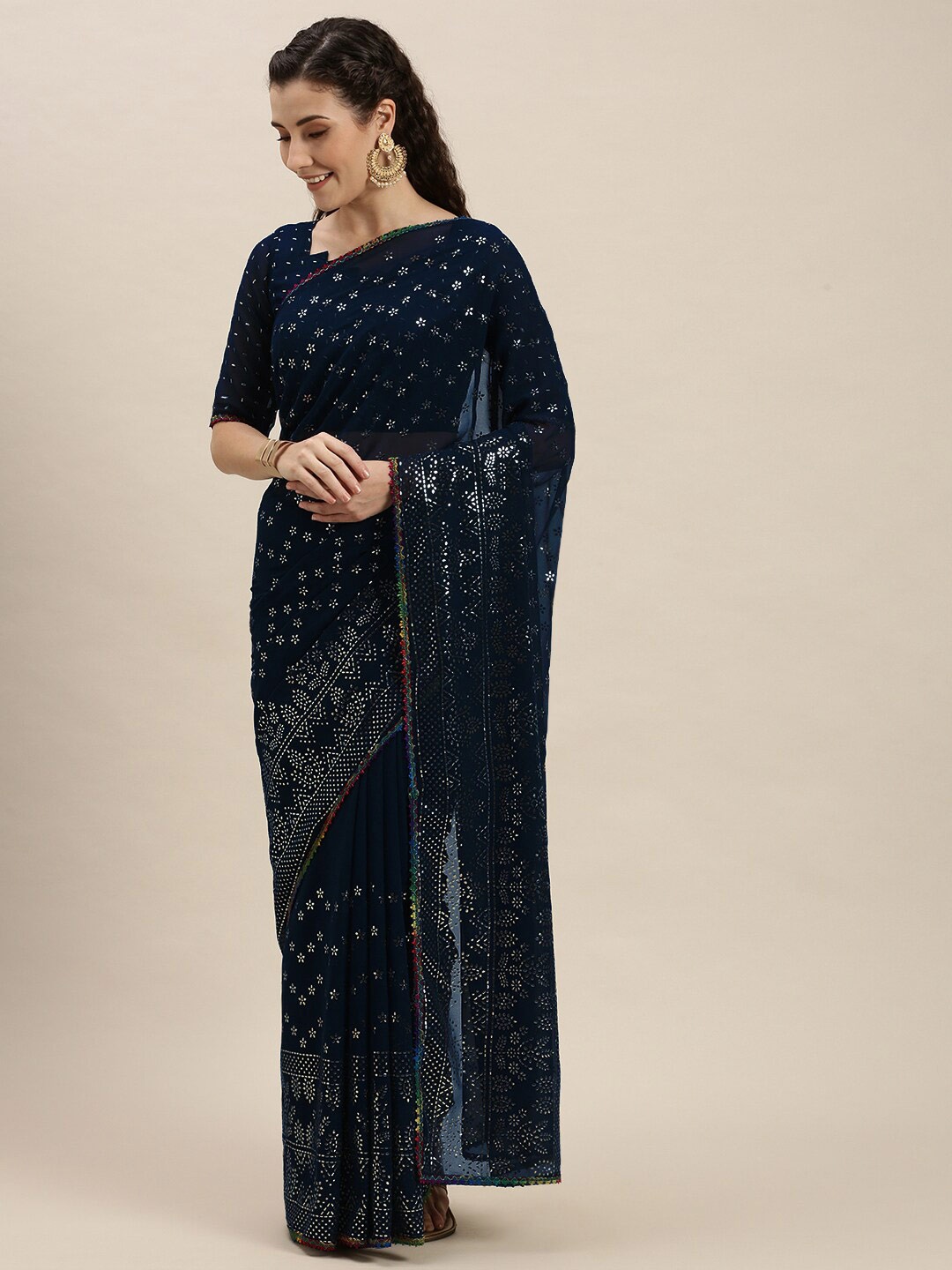 

Fab Viva Floral Embellished Pure Georgette Saree, Navy blue