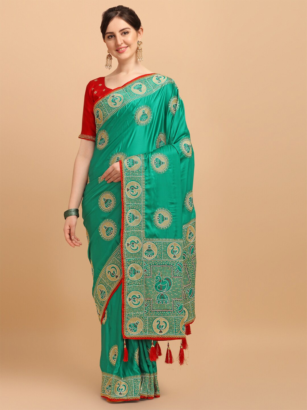 

Fab Viva Ethnic Motifs Embroidered Satin Saree, Green