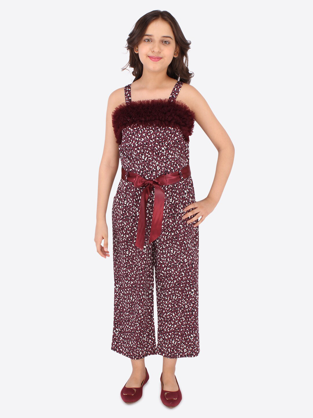 

CUTECUMBER Girls Printed Shoulder Straps Ruffles Waist Tie Ups Culotte Jumpsuit, Maroon