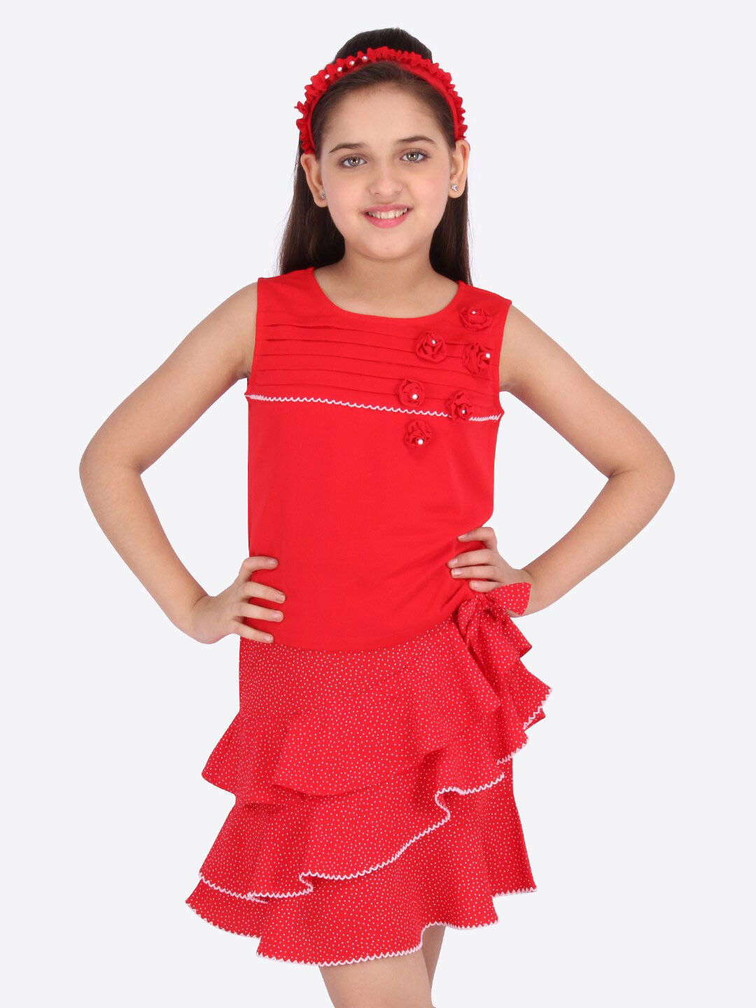 

CUTECUMBER Girls Embellished Top With Skirt, Red