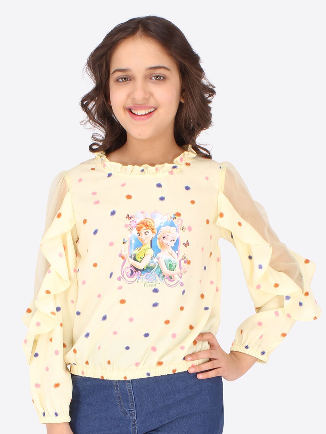 

CUTECUMBER Conversational Printed Ruffled Sleeves Top, Yellow