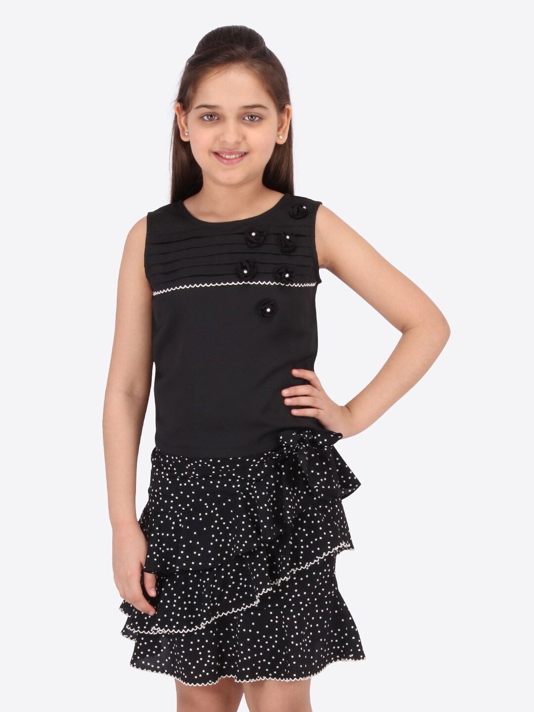 

CUTECUMBER Girls Printed Top With Skirt Set, Black
