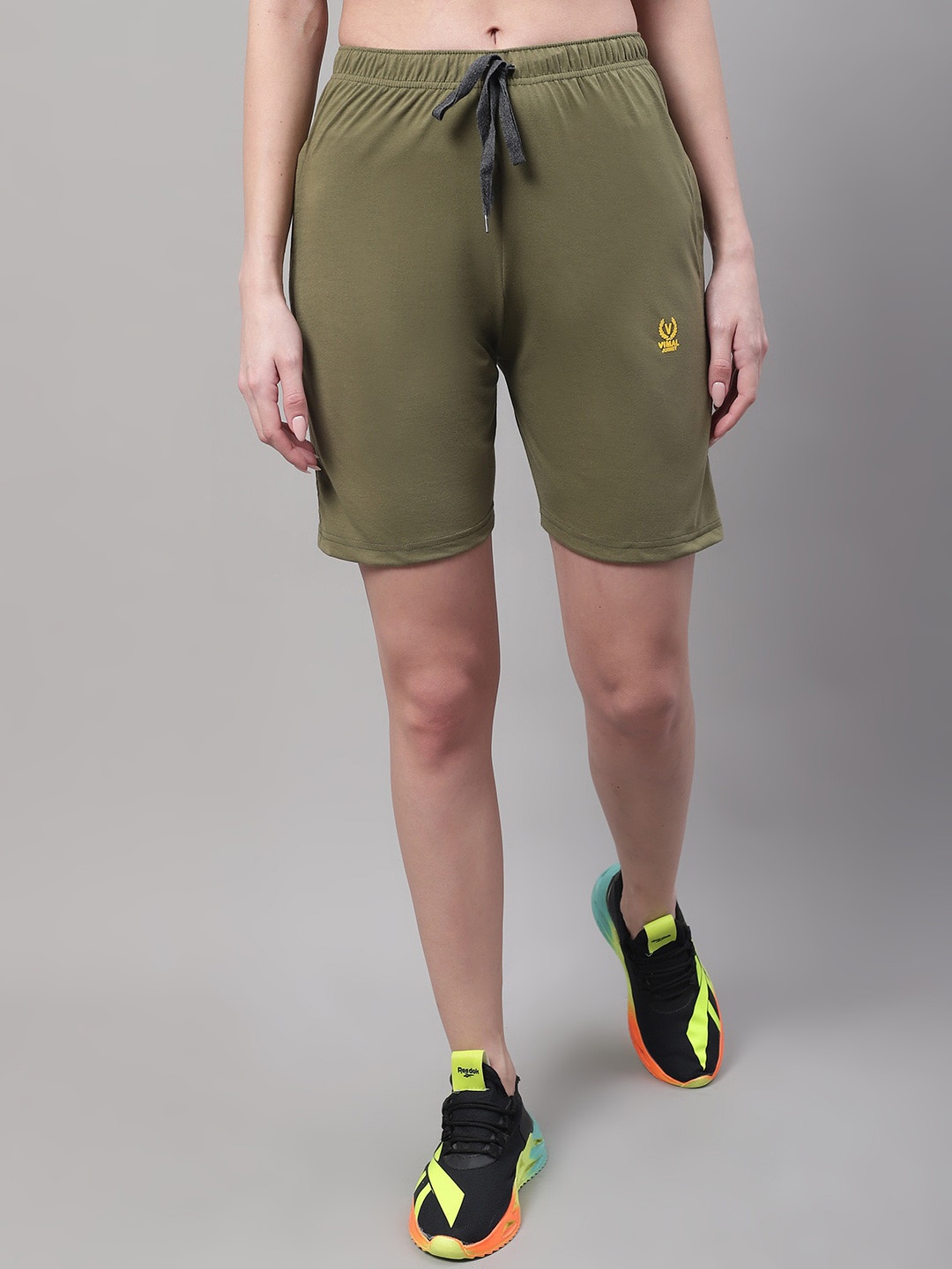 MACK JONNEY Women Mid-Rise Above Knee sports Shorts, Olive