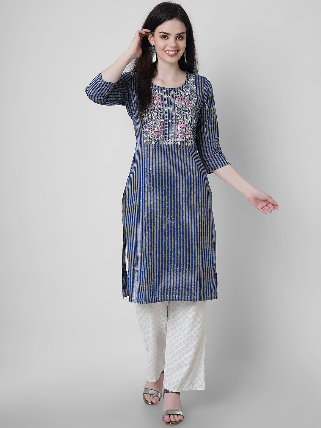 

Sanganeri Kurti Striped Thread Work Pure Cotton Kurta, Blue