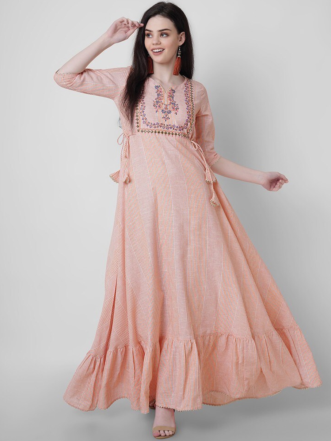 

Sanganeri Kurti Striped Embroidered Maxi Long Pure Cotton Gown, Beige