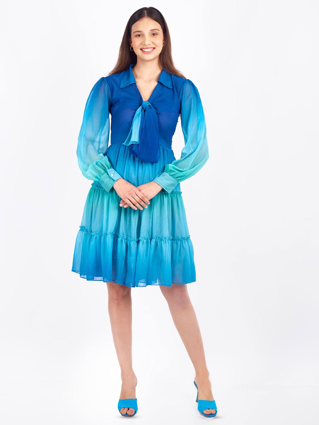 

SHABERRY Shirt Collar Tie-Up Cut-Out Detail Tiered Fit & Flare Dress, Blue