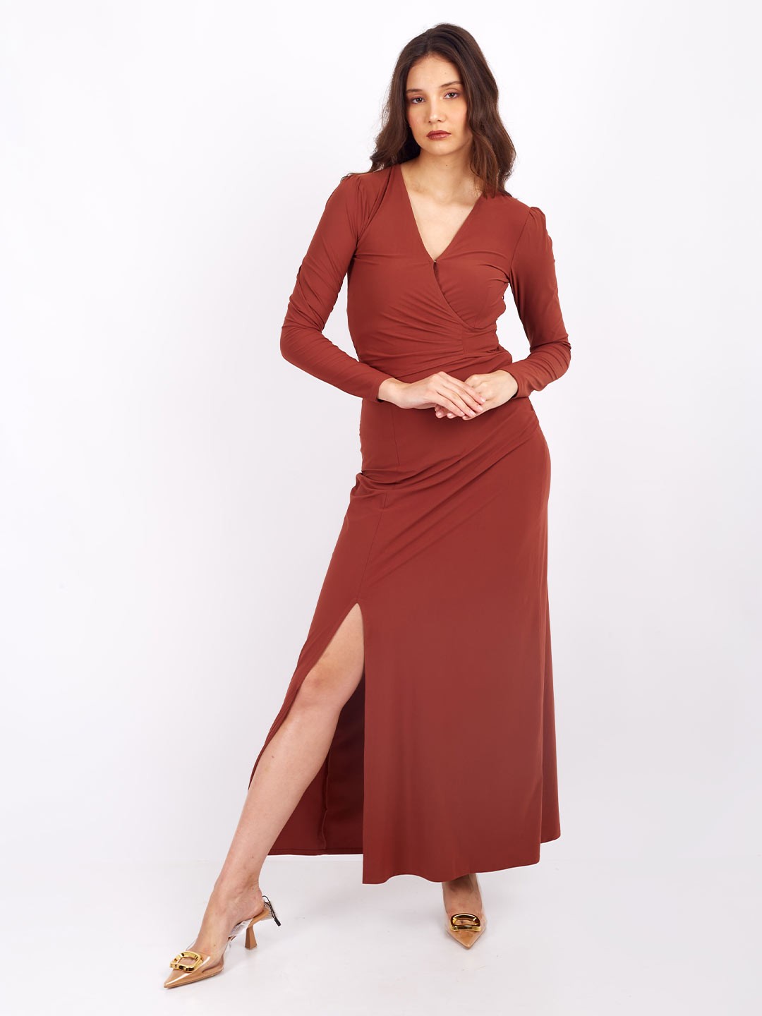 

SHABERRY V-Neck Maxi Wrap Dress, Brown