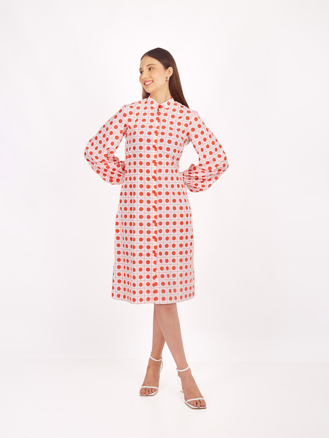 

SHABERRY Geometric Printed Crepe A-Line Dress, White