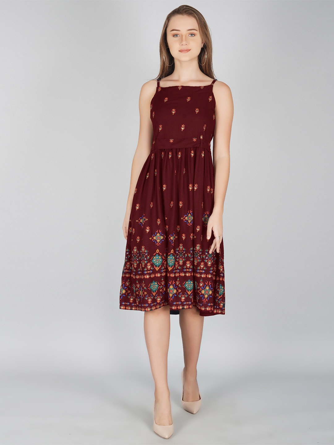 

METRO-FASHION Floral Print Fit & Flare Dress, Maroon