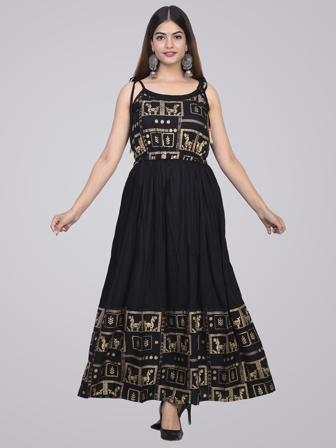 

METRO-FASHION Ethnic Motifs Printed Shoulder Straps Maxi Dress, Black